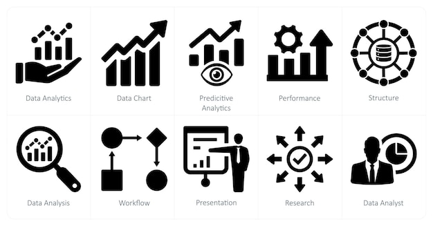A set of 10 data analytics icons as data analytics data chart predictive analytics