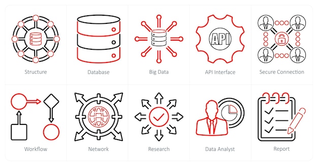 A set of 10 data analytics icons as structure database big data