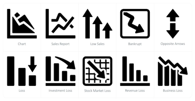 A set of 10 Diagrams and Reports icons as chart sales report low sales
