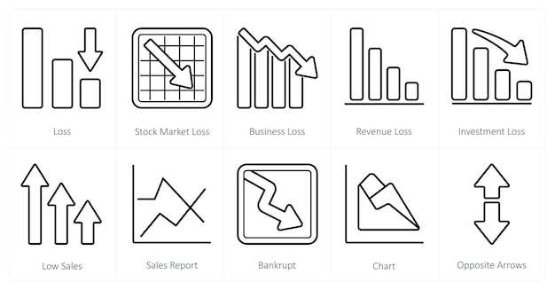 A set of 10 Diagrams and Reports icons as loss stock market loss business loss