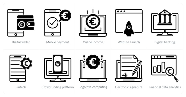 A set of 10 euro icons as digital wallet mobile payment online income