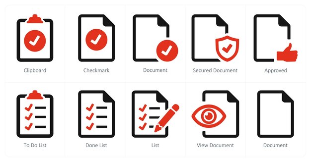 A set of 10 File icons as clipboard checkmark document