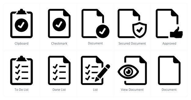 A set of 10 File icons as clipboard checkmark document