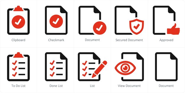 A set of 10 File icons as clipboard checkmark document
