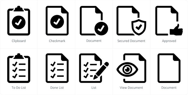 A set of 10 File icons as clipboard checkmark document