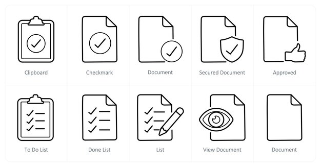 A set of 10 File icons as clipboard checkmark document