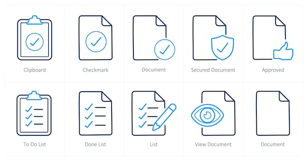 A set of 10 File icons as clipboard checkmark document
