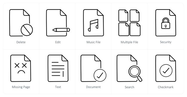A set of 10 File icons as delete edit music file