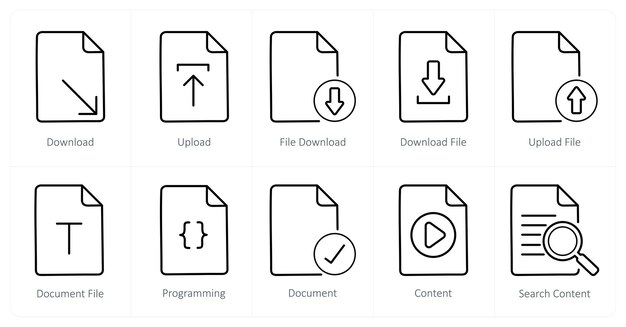 A set of 10 File icons as download upload file download