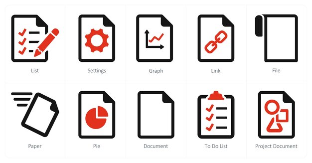 A set of 10 File icons as list settings graph