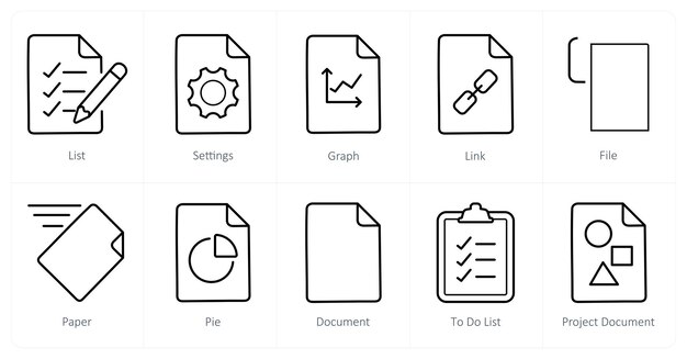 A set of 10 File icons as list settings graph