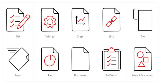 A set of 10 File icons as list settings graph