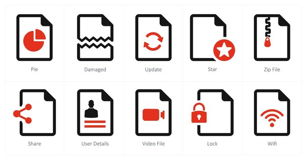 A set of 10 File icons as pie damaged update