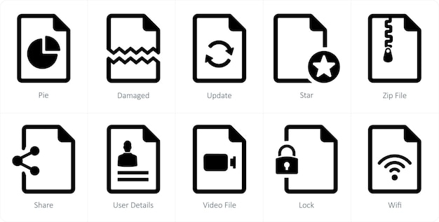 A set of 10 File icons as pie damaged update