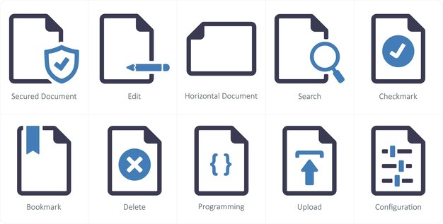 A set of 10 File icons as secured document edit horizontal document