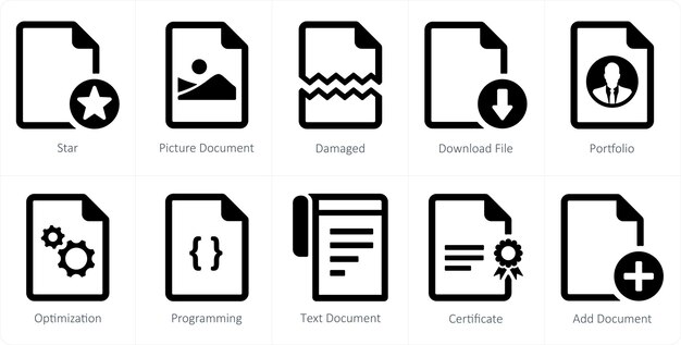 A set of 10 File icons as star picture document damaged