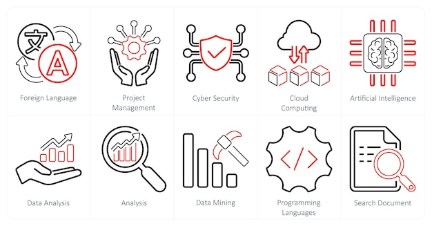 A set of 10 hard skills icons as foreign language project management cyber security