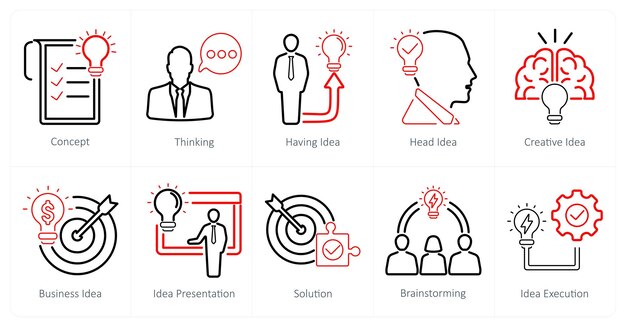A set of 10 idea icons as thinking having idea head idea