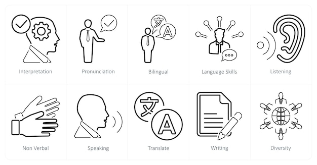 A set of 10 language icons as interpretation pronounciation bilingual