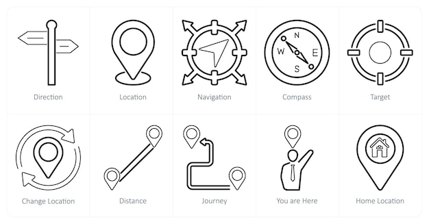 A set of 10 location icons as direction location navigation