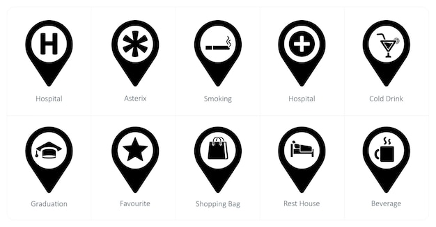 A set of 10 Location Pointer icons as hospital asterix smoking