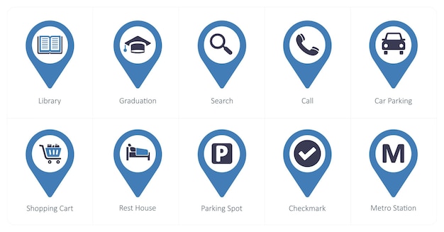 A set of 10 Location Pointer icons as library graduation search