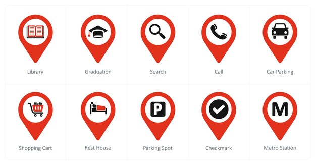 A set of 10 Location Pointer icons as library graduation search