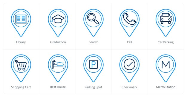 A set of 10 Location Pointer icons as library graduation search