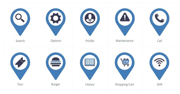 A set of 10 Location Pointer icons as search options profile