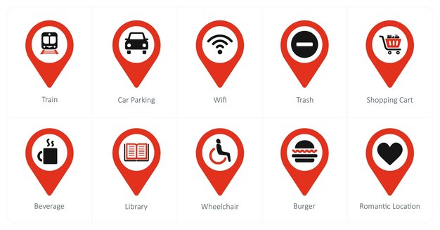 A set of 10 Location Pointer icons as train car parking wifi