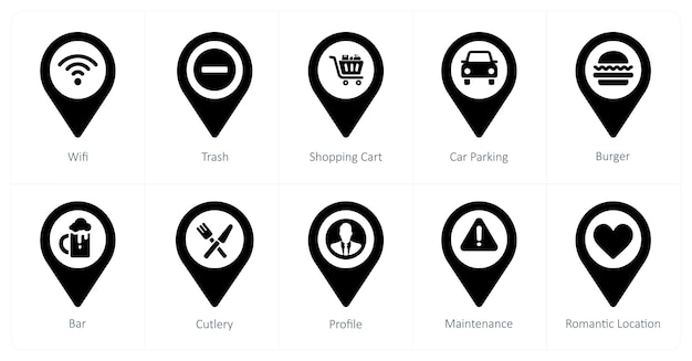 A set of 10 Location Pointer icons as wifi trash shopping cart
