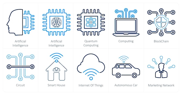 A set of 10 mix icons as artificial intelligence quantum computing computing blockchain