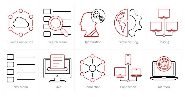 A set of 10 mix icons as cloud connection search menu optimization