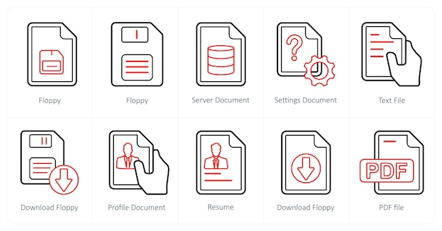a set of 10 mix icons as floppy server document settings document