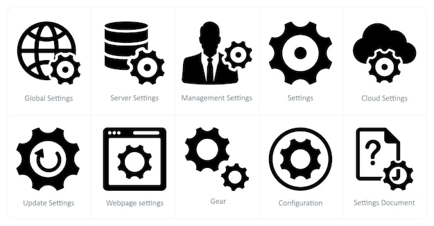 A set of 10 mix icons as global settings server settings management settings