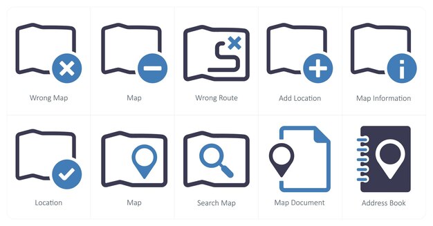 a set of 10 navigation icons as wrong map map wrong route