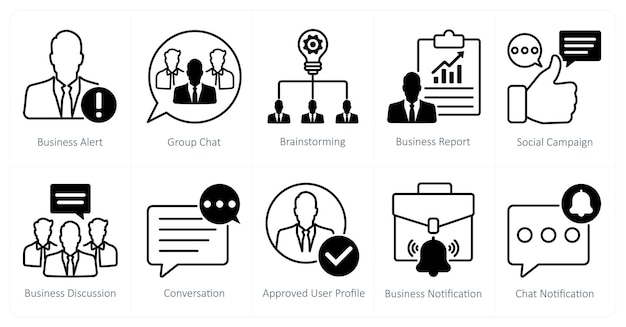 A set of 10 seo icons as business alert group chat brainstorming