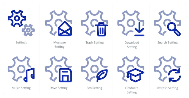 A set of 10 settings icons as settings message setting trash setting