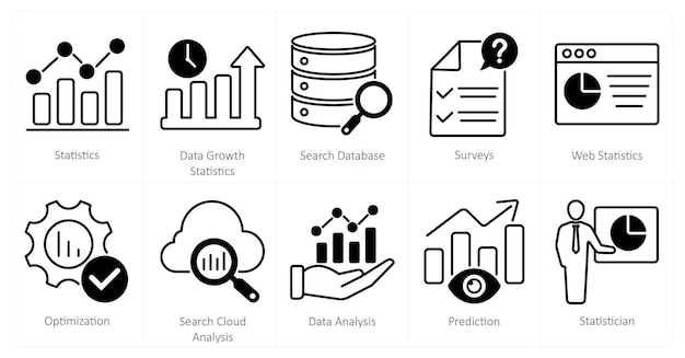 A set of 10 statistics icons as statistics data growth statistics search database