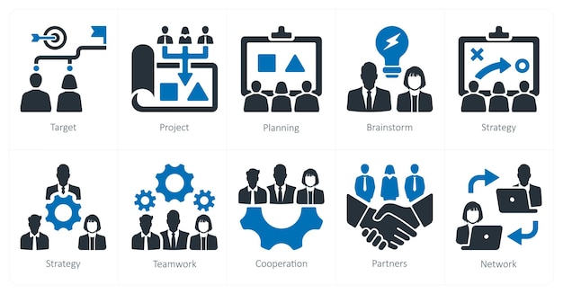 a set of 10 teamwork icons as target project planning brainstorm