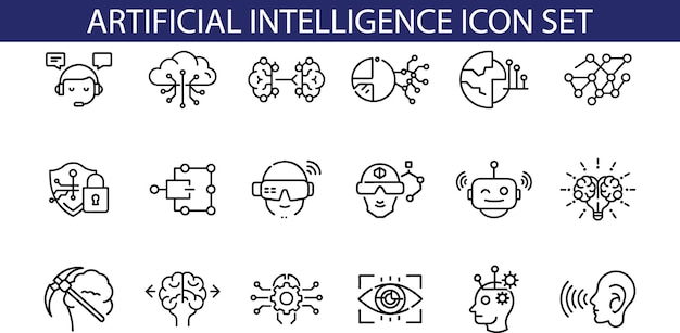 A set of 18 AI icons representing concepts like cloud computing machine learning data analysis ro