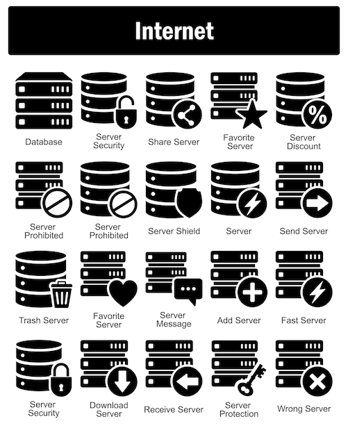 a set of 20 internet icons as database server security share server