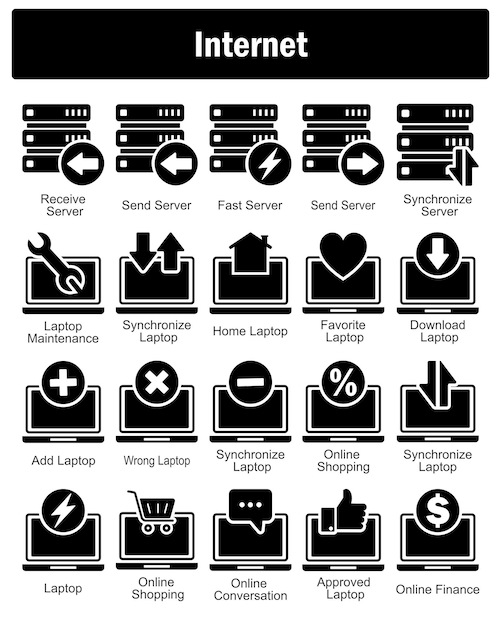 a set of 20 internet icons as eceive server send server fast server