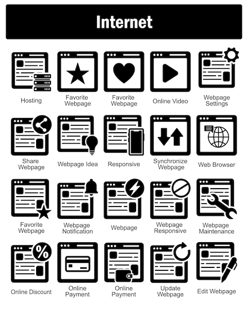 A set of 20 Internet icons as hosting favorite webpage online video
