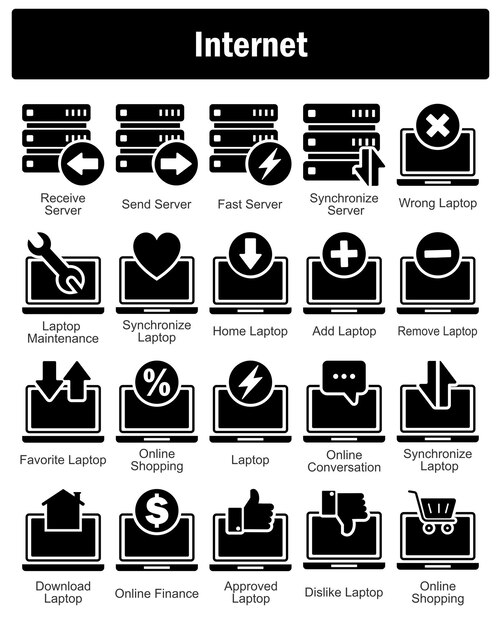 a set of 20 internet icons as receive server send server fast server