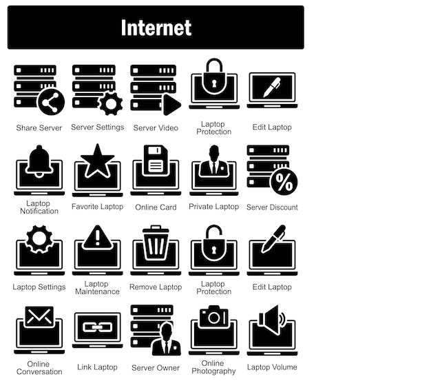 a set of 20 internet icons as share server server settings server video