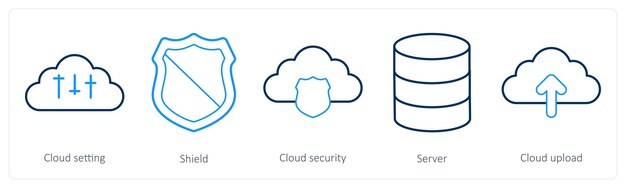 a set of 5 big data icons as cloud setting shield cloud security server