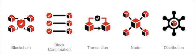A set of 5 Blockchain icons as blockchain block confirmation transaction