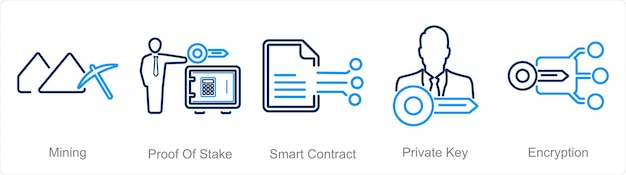 A set of 5 Blockchain icons as mining proof of stake smart contract