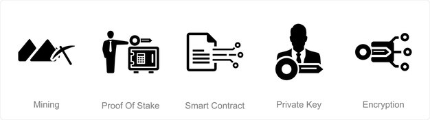 A set of 5 Blockchain icons as mining proof of stake smart contract